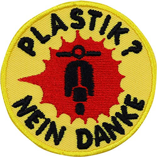 Aufnäher: PLASTIK? NEIN DANKE DIY Biker Love Aufbügler Motiv Geschenk für Vespa Fans Patch mit Stickerei - Roller Sticker für Rucksack/Jeans/Taschen - 60x60mm