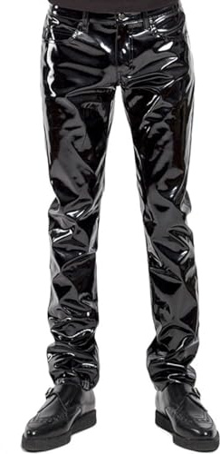 Doomiva Herren Lackeder Hosen Lang Leder Bikerhosen Wetlook Hose Glänzende Motorradhose Rave Party Clubwear