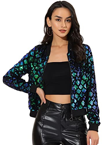 Allegra K Veste Femme Pailletée Style Aviateur à Carreaux Fermeture Éclair Sans Col Pour Fêtes et Soirées Vert L