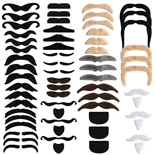 Fake Moustache and Fake Beard, Self Adhesive Stick on Moustaches, 60 Pcs | False whiskers, mustache disguise kit, skin safe backing, ideal for Mexican fancy dress masquerade parties