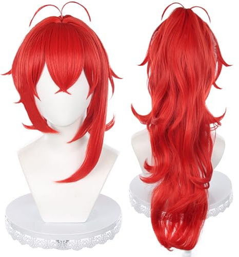 Cosplay-Perücke Anime-Perücken mit Hohem Pferdeschwanz Rot Lang Synthetisches Haar für Halloween Weihnachtsfeier