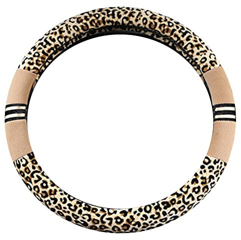 Universal Auto Plüsch Lenkradhülle, Leopard Muster 37–38 cm Durchmesser Auto Winter Weich Lenkradabdeckung rutschfest Atmungsaktiv Lenkradbezug Anti-Rutsch Lenkradschoner für Damen, Herren,Beige