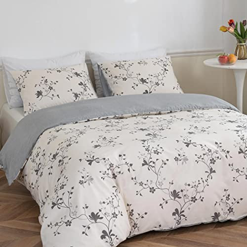 Lekesky Bettwäsche 200x200cm Super Weiche 100% Mikrofaser 3teilig - Bettwäsche-Sets 200 x 200 Bettbezug mit 2x80x80 cm Kissenbezüge, für Doppelbett mit Reißverschluss,Schlichtes Blumenmuster(weißlich)