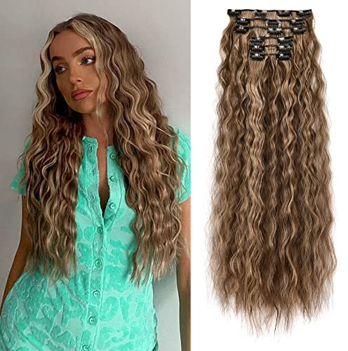 FLUFYMOOZ Clip in Extensions, 61cm 6PCS Lange gewellt Wellige Clip in Haarverlängerungen Dickes Natürliches Weiches Synthetisches Haarteil Für Frauen Mädchen Dunkelbraun mit schmutzigem Blond)