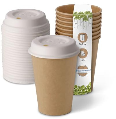 BIOZOYG Gobelets jetables biodégradables avec couvercle en carton I Gobelets en papier avec revêtement à base d'eau I 250 pièces café à emporter gobelets marrons non blanchi 300ml 12oz