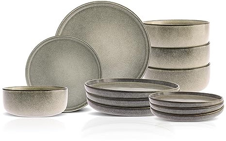 Karaca Skal Stoneware Dinnerware Sets for 4 People, 12-Piece Dinner Set with Reactive Glaze Stoneware Plates, Salad/Cereal/Soup Bowls, Modern Dinnerware & Crockery Set for 4