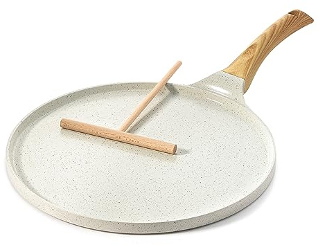 SENSARTE Nonstick Crepe Pan with Spreader, 12-Inch Natural Ceramic Coating Dosa Pan Pancake Flat Skillet Tawa Griddle with Stay-Cool Handle, Induction Compatible (White)