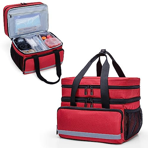 CURMIO Doppelschicht Medizinische Tasche, Tragbar Reiseapotheke Tasche, Medizin-Organizer mit Abschließbarem Reißverschluss, Erste Hilfe Tasche für Zuhause, Reisen, Notfall, Rot