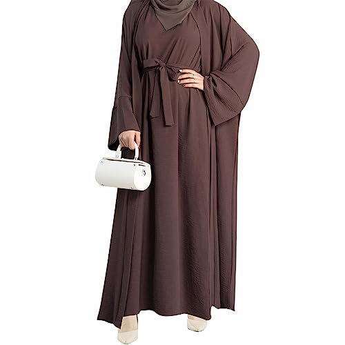 khalat 2PCS Damen Muslimische Kleider Abaya Islamische Dubai Gebetskleid Robe Lange Strickjacke Maxikleid, Dunkelbraun, X-Large