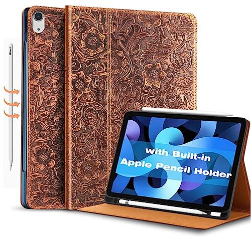 Gexmil Leather Case for iPad Air 11 Inch M3 2025/M2 2024,iPad Air 10.9 Inch Case 5th/4th Generation 2022/2020, Top Grain Leather Cover with Pencil Holder,Auto Sleep/Wake,Floral Brown