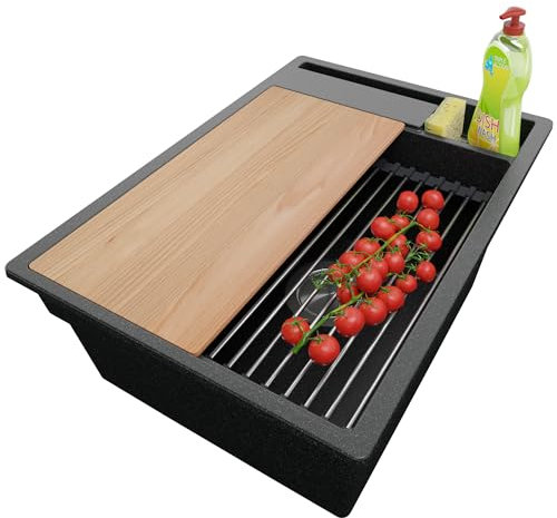 PRIMAGRAN Evier Cuisine en Granit Graphite 38x53cm, Lavabo 1 bac + Kit de Vidage + Accessoires, Évier à Encastrer al mueble 40cm - Oslo Pocket S021