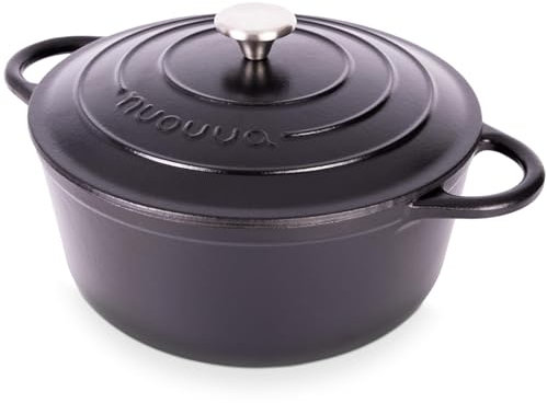 Cazuela de Hierro Fundido con Tapa – Esmaltada, Antiadherente, Apta para Horno hasta 500° F – Ollas Holandesas Robusta – Negro, 6.4 Cuartos, 28cm – por Nuovva