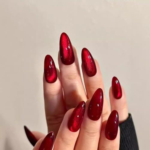 MouyouGlow Press on Nails Kurz,Almond Weihnachten Cat Eye Rot Plain Magnetic Christmas Fake Nails mit Nagelkleber,New Year Red XMAS Neujahr Valentinstag Künstliche Fingernägel