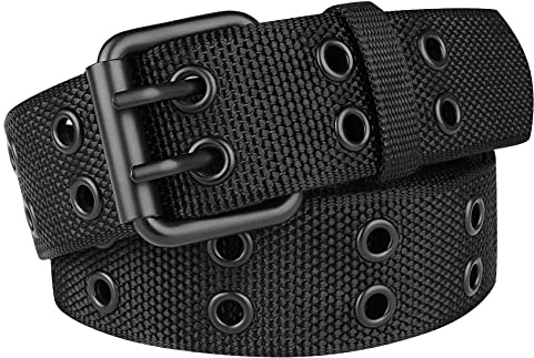 Drizzte Ceinture Homme 100-170cm Grande Taille Cloutée Double Oeillet Ceinture Toile Unisexe Noire