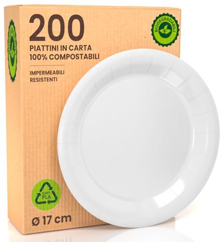 200 Piatti in Bioplastica Monouso 100% Ecologici - Diametro 17 cm - Ultra Resistenti e Rigidi in Bioplastica (PLA) - Biodegradabili e Compostabili - Perfetti per Picnic, Barbecue e Feste – Bianco