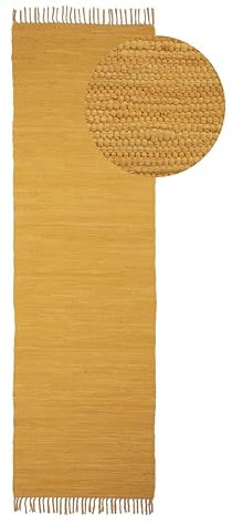 carpetfine Flickenteppich Kelim Chindi Uni Läufer Gelb 70x240 cm, handgewebt | Fleckerlteppich aus Baumwolle für Wohnzimmermit Fransen