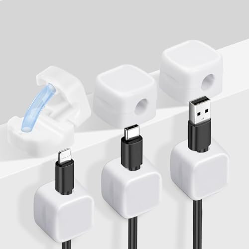 URAQT Clips Câble Organisateur Bureau, 6 Pcs d'organisateurs de câbles magnétiques, Range Câbles Silicone Fixe pour Câbles de Chargeur/Souris/Écouteur/Ustensiles de Cuisine (Blanc）