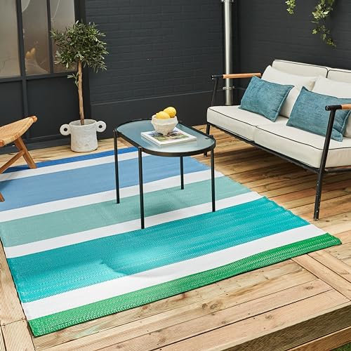 THE RUGS Rainbow Collection Outdoor Rug - Easy to Clean, Waterproof Plastic Outdoor Rugs for Garden, Patio, Balcony, Camping - Vibrant Plastic Straw Rug - Striped Blue, 120x160