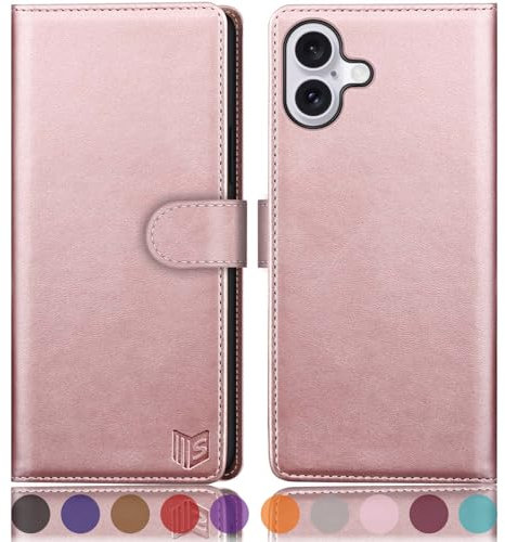 SUANPOT [RFID Schutz für iPhone 16 6.1 Hülle PU Leder Handyhülle Lederhülle Klapphülle Kartenfach Flip Cover für Apple 16 Handy hülle Leather Wallet Phone Case Roségold