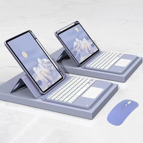 Español Ñ Teclado con Funda para iPad 6ª Gen 2018/5ª Gen 2017, iPad Air 2/1, iPad Pro 9.7, Formato Vertical y Horizontal, Teclado Táctil Desmontable con Ratón Recargable y Portalápices, Púrpura