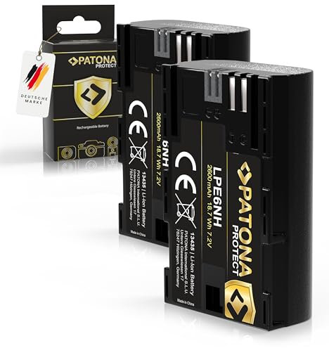 PATONA 2X Protect LP-E6NH Batterie 2600mAh Compatible avec Canon EOS R5 R6 R6II R7 5D Mark II Mark III 5DS R 6D 7D 60D 60Da 70D 80D 90D R 5 6 7 60 70 80 90 D WFT-E5 WFT-E7 XC10 XC15 LPE6NH LP-E6