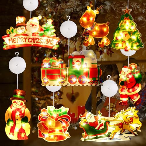 BORDEAG Lot de 8 lampes LED à ventouse pour fenêtre - Guirlande Lumineuse, Décoration de Noël - Ventouse - Pour Noël, fête, arbre de chambre d'enfant, intérieur - Fonctionne avec piles