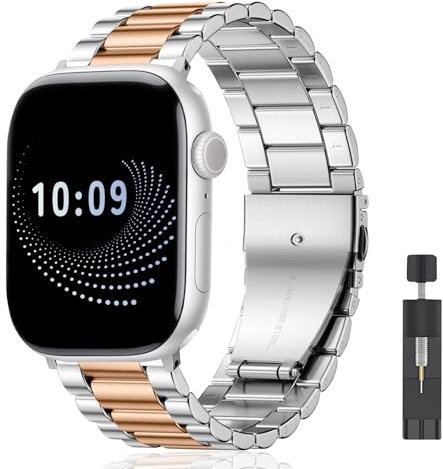 AiiBowy Metallo Cinturino per Apple Watch 46mm (Series 10) 45mm 44mm 42mm 49mm, Cinturini in Acciaio Inossidabile per Apple Watch Ultra 2/Ultra/SE 2/SE/Series 10/9/8/7/6/5/4/3/2/1 Argento Oro Rosa