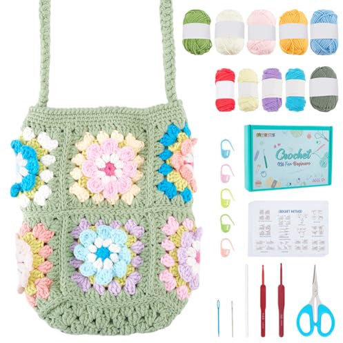 FREEBLOSS Häkelset Für Anfänger Handytasche Mit Blumenmuster Starterset Für Häkeltasche Granny Square Set Mit Häkel Tragetasche Strickset Mit Schritt Für Schritt Videoanleitungen Bastelprojekte