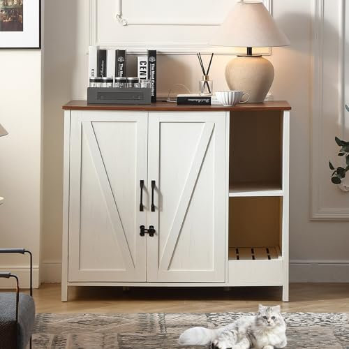 FOREST GRAVITY Cat Cabinet Enclosure Litter Box Large Adjustable Shelf for Storage Added for Litter Collector Furniture Modern 105 * 68 * 89 cm Cat House with Door and Separate Partition White