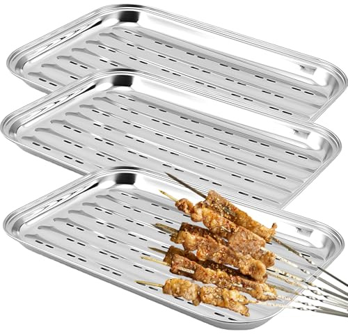 BBQ Grillschalen 3er Set, Edelstahl Grillkorb Grillschale für den Aussenbereich, Zubehörschalen für Gemüse, Fisch oder Fleisch, wiederverwendbarer Grillkorb für Gasgrills, 34 x 24 x 2.7 cm