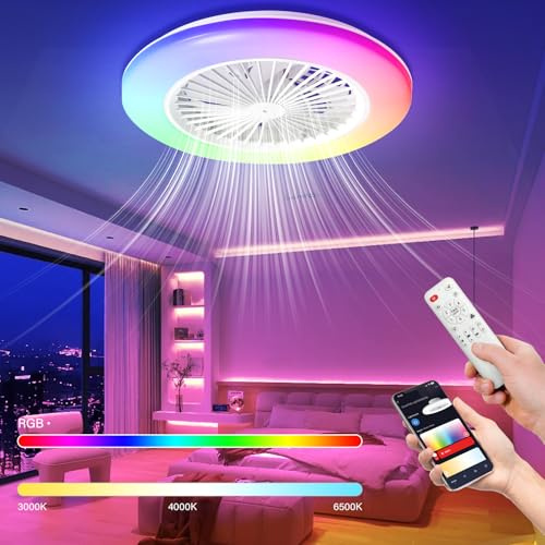 Lospitch Deckenventilator mit Beleuchtung, Ø49cm Smart RGB LED Fan Licht mit Fernbedienung, LED Umkehrbar Deckenventilator mit Licht, Timer und 3 Farbtemperatur und 6 Geschwindigkeiten