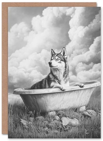 Artery8 Greeting Card Husky Bath Time Bathtub Black White Surreal Blank For Him Or Her Art Birthday Card