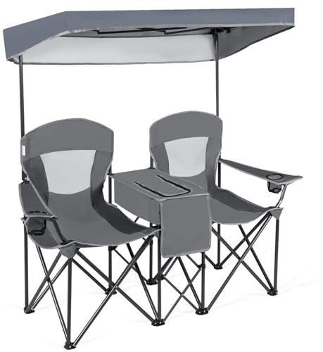 TANGZON Double Camping Chair, Outdoor Folding Loveseat with Shade Canopy, Cup Holder, Cooler Bag, Side Pocket & Carrying Bag, Portable Picnic Chair for Patio BBQ Fishing (No Roll-up Shade, Grey)