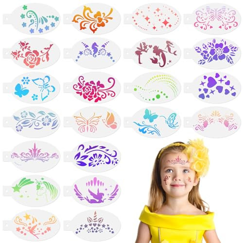 URAQT Tattoo Schablone, 22 Blatt Oval Wiederverwendbare Gesichtsfarbe Schablonen, Tattoo Design Werkzeuge für Gesicht und Körper, für Kinder Erwachsene, Party, Fasching, Weihnachten Halloween (B)