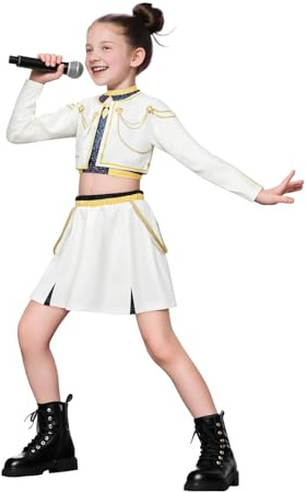 Jackolume Kpop Jäger Zoey Cosplay Kostüm für Kinder Mädchen Kpop Star Zoey Bühne Outfits Komplettes Set Idol Weiß Performance Anzug Halloween Karneval Party Dress Up