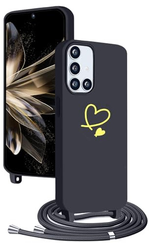 YANJIEER für Samsung Galaxy A51 4G Handyhülle mit Band, Mädchen Frauen Handykette Case mit Süßes Herz Love Motiv, Umhängen Kordel, Dünn Silikon Stoßfeste Schutzhülle Cover Schwarz
