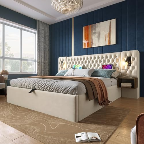 Physport Bettanlage Schlafzimmer Komplett Set,Polsterbett Hydraulisch Stauraumbett Doppelbett 180×200 cm mit 2 Nachttischen, Kopfteil Leselicht mit USB Ladefunktion, Beige, Samt(Ohne Matratze)