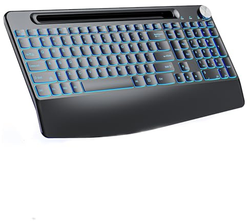 JOMAA Teclado silencioso inalámbrico de 2.4 G, recargable, con retroiluminación de 7 colores, soporte para teléfono y reposamuñecas, teclado iluminado de tamaño completo para Mac, Windows, laptop, PC