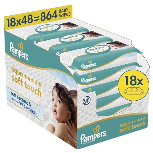 Pampers Aqua Soft Touch Baby-Feuchttücher, 18x48 (864 Stück) | weiche Textur & Lotion mit 99% Wasser