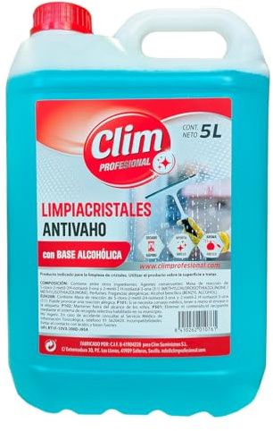 Clim Profesional Limpiacristales 5L Secado Rápido Antivaho Base Alcohol | Sin Aclarado, Sin Marcas ni Velos, Apto Espejos y Vitrinas, Uso Hostelería y Oficinas