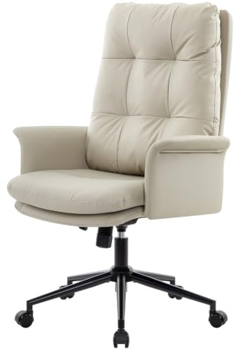 IWMH Schreibtischstuhl Ergonomisch,PU Leder Bürostuhl mit Hoher Rückenlehne | Chefsessel Bequem mit Armlehnen,Doppelt Gepolsterter Drehstuhl für Büro,Homeoffice,Wohnzimmer (Beige)