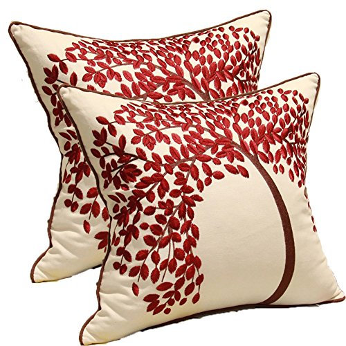 ZUODU Cushion Cover 2PCS 45cmx45cm Embroidered Cotton Linen Decorative Red Pillow Cover Cushion Case Pillow Case - The Tree of Life (Red with Frame) (RED-2PC)