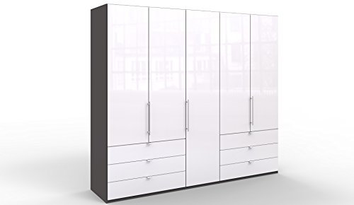 WIEMANN Loft Kleiderschrank, Schlafzimmerschrank, Gleittürenschrank, Drehtürenschrank, mit Schubladen, Glas weiß, Havanna, B/H/T 250 x 216 x 58 cm