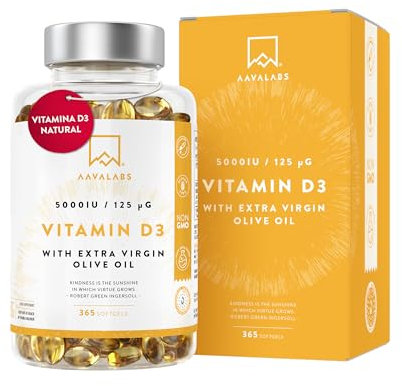 Vitamina D3 Natural [5000 UI] Depot - Altamente Concentrada - con Aceite de Oliva Extra Virgen para una Absorción Óptima - Favorece la Función Ósea e Inmunológica - Complemento Alimenticio - 365 Cáps