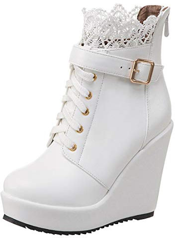 LUXMAX Stivaletti Donna Zeppa Alta Caviglia Stivali Plateau Tacco Alto con Stringate Cerniera Pizzo Fibbia (Bianco) - 37 EU