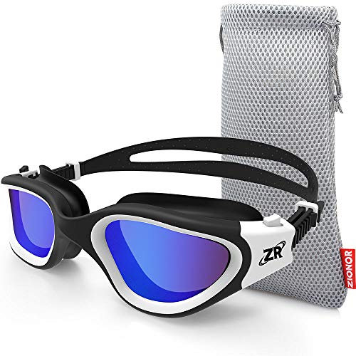 ZIONOR G1 Polarizzato/No Polarizzato Mirror Occhiali da Nuoto Unisex Adulto Uomo Donna Anti Foglia 100% Anti UV Immersione Occhiali. (lente blu polarizzata - Cornice bianca)