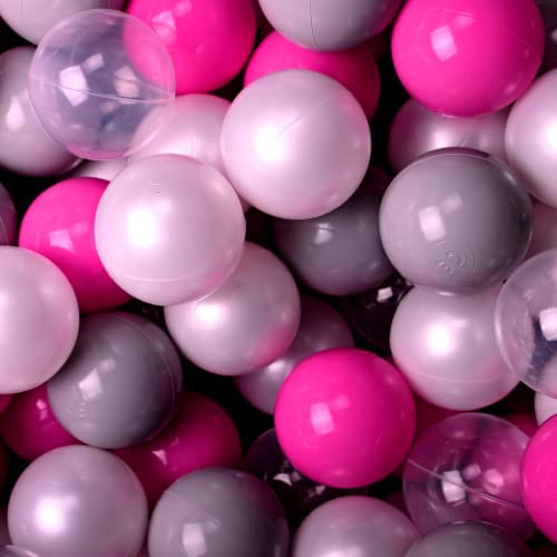 MEOWBABY 200 ∅ 7Cm Balles pour Piscine Ŕ Balles Bébé Adapté aux Enfants Plastiques Boule pour Bebe Parc Jouets pour Les Tout-Petits Fabriqué en UE Colorées Gris/Rose Foncé/Perle Blanche/Transparent
