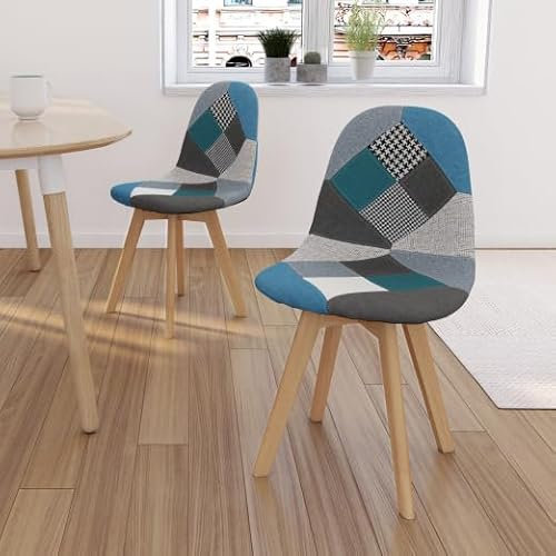 IDMarket - Lot de 2 chaises scandinaves SARA Motifs patchworks Bleus