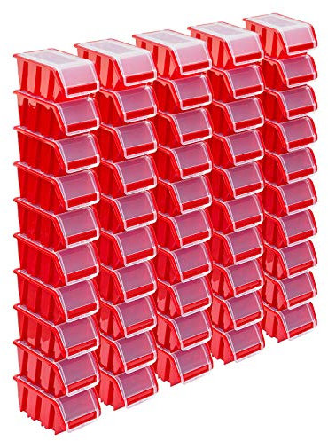 Stapelboxen Set – 50x Stapelbox mit Deckel 155x100x70 mm – Sichtbox Stapelbox Lagerbox, Rot