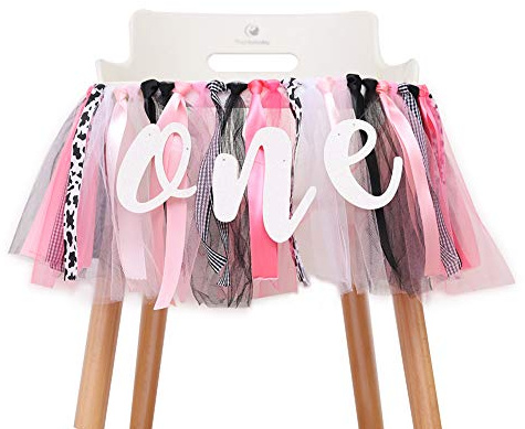 WAHAWU Rosa Kuh Banner zum 1. Geburtstag - Rosa Tutu Rock Hochstuhl Banner 1. Geburtstag Party Geschenke für Mädchen Foto Dekoration Requisiten Geburtstag Party Dekoration